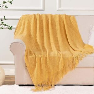 BATTILO HOME Mustard Throw Blanket for Bed or Couch, Boho Decorative 52" x 80"